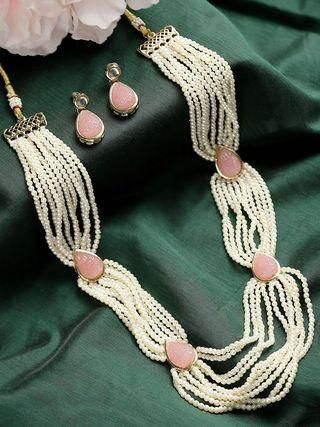 Carved Stone Studded Pearl Beaded Rani Haar Necklace Set for Women