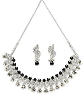 Silver Plated Kundan and Black Bead Jewellery Set for Women