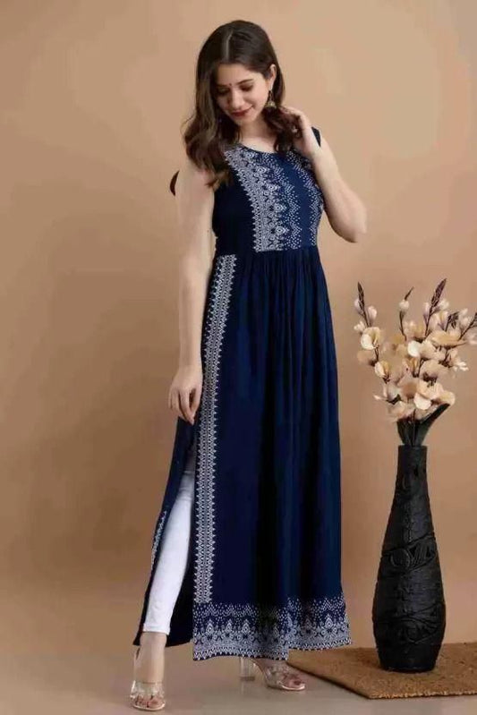 Women's Rayon Printed Long Kurti Navy Blue