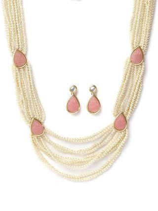 Carved Stone Studded Pearl Beaded Rani Haar Necklace Set for Women