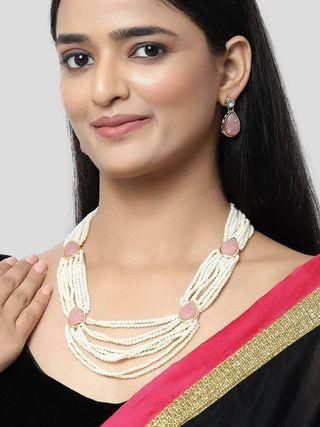 Carved Stone Studded Pearl Beaded Rani Haar Necklace Set for Women