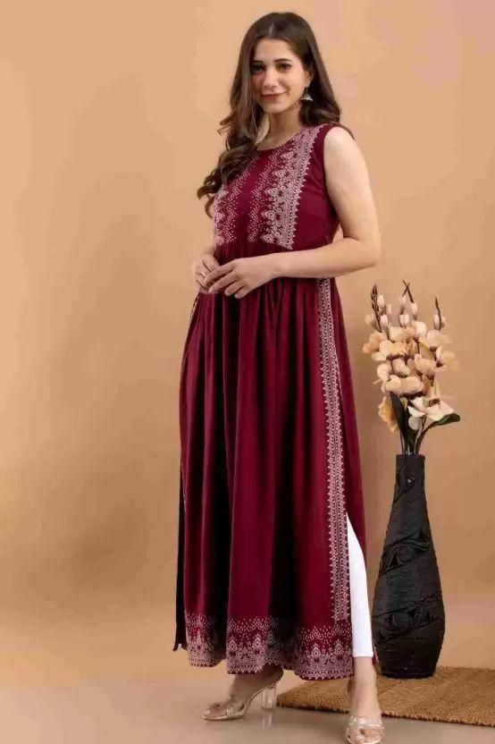 Women's Rayon Printed Long Kurti Maroon