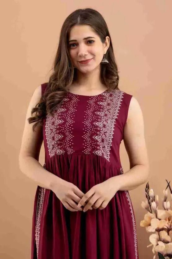 Women's Rayon Printed Long Kurti Maroon